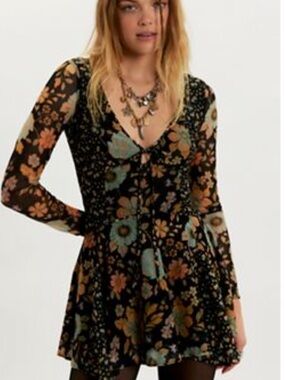 Free People Black Floral Long Sleeve Mini Dress with Teal & Rust Blooms